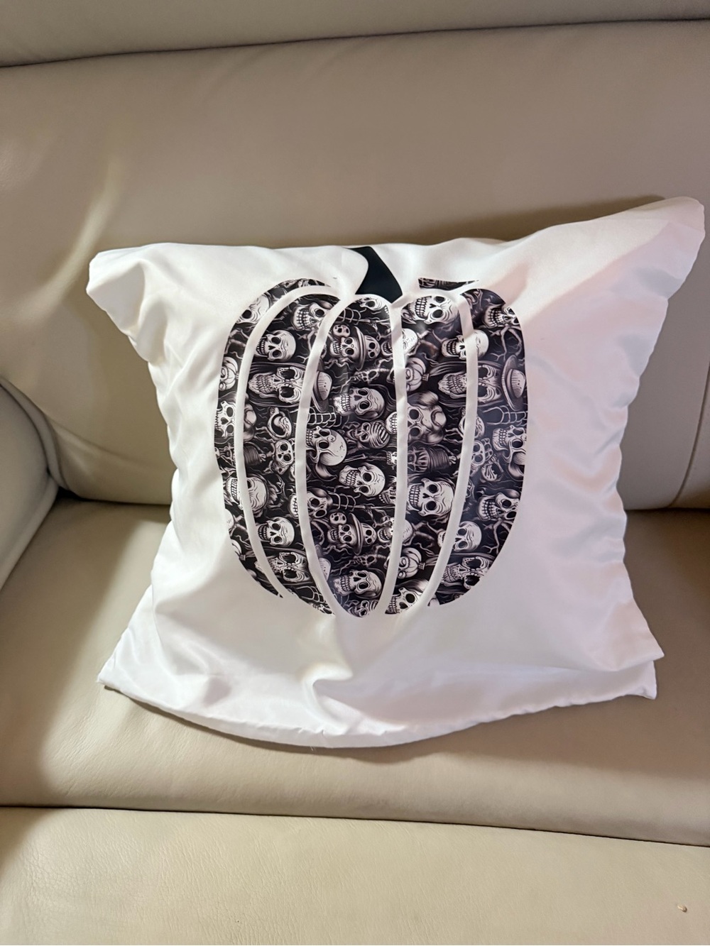 White Halloween Pumpkin Pillow Cover with Black Skull Pattern